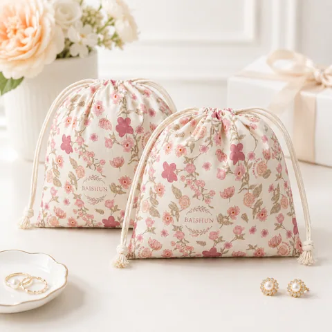 Beige Cotton Drawstring Pouch