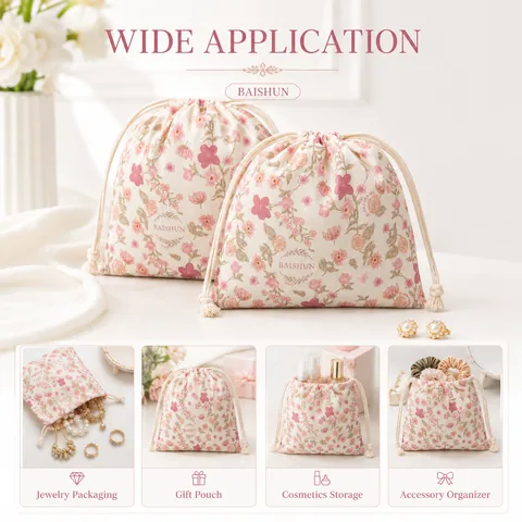 Beige Cotton Drawstring Pouch