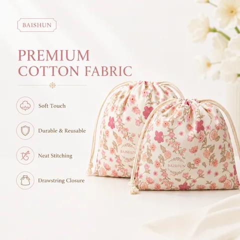Beige Cotton Drawstring Pouch