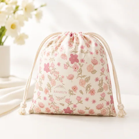 Beige Cotton Drawstring Pouch