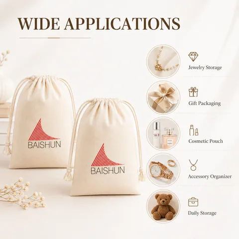 Beige Cotton Drawstring Pouch