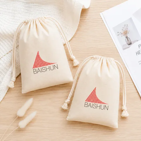 Beige Cotton Drawstring Pouch
