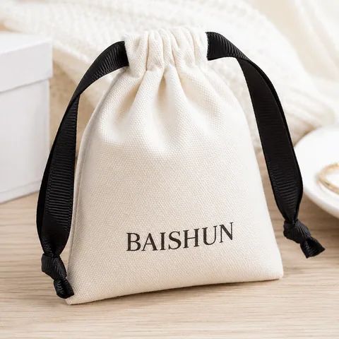 Beige Cotton Drawstring Pouch