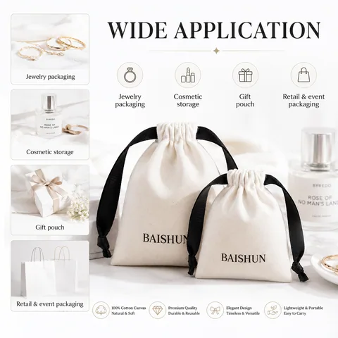 Beige Cotton Drawstring Pouch