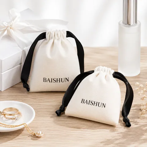 Beige Cotton Drawstring Pouch
