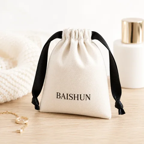 Beige Cotton Drawstring Pouch