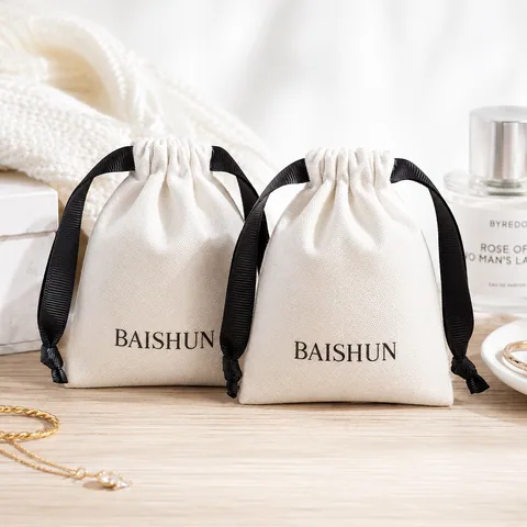 Beige Cotton Drawstring Pouch