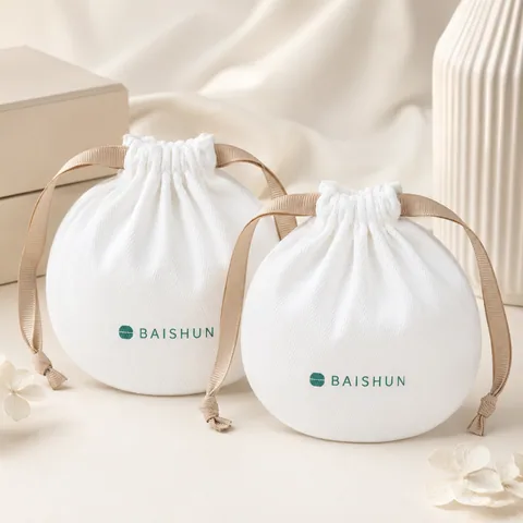 Beige Cotton Drawstring Pouch