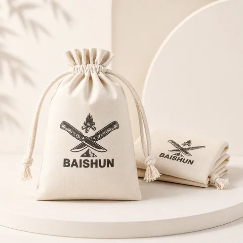 Beige Cotton Drawstring Pouch