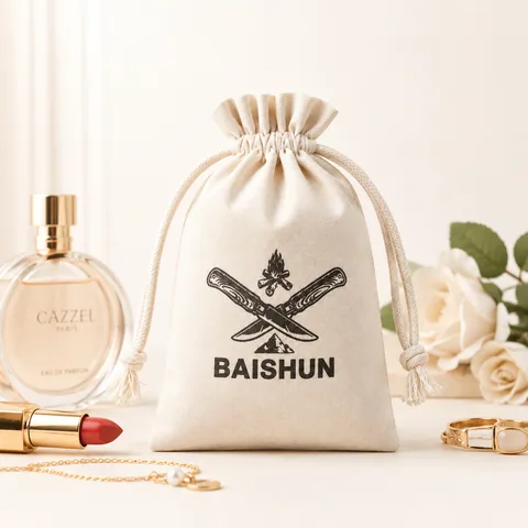 Beige Cotton Drawstring Pouch