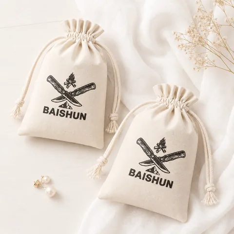 Beige Cotton Drawstring Pouch