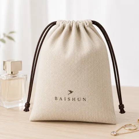 Beige Cotton Drawstring Pouch