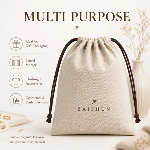 Beige Cotton Drawstring Pouch
