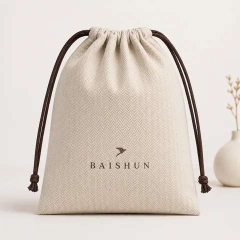 Beige Cotton Drawstring Pouch