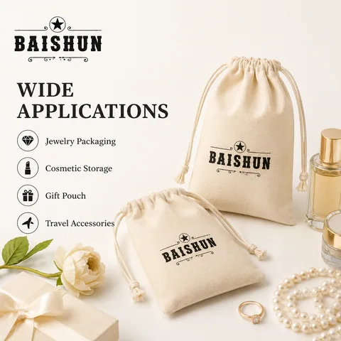 Beige Cotton Drawstring Pouch