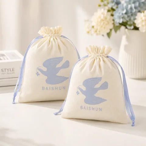 Beige Cotton Drawstring Pouch