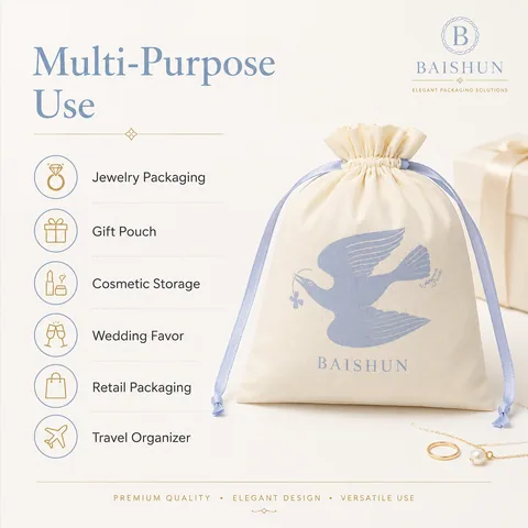 Beige Cotton Drawstring Pouch