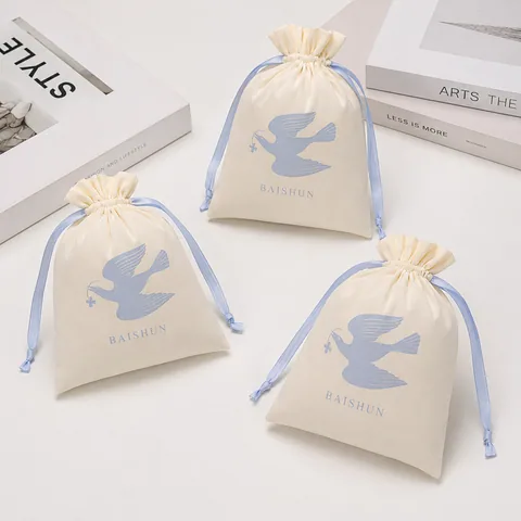 Beige Cotton Drawstring Pouch