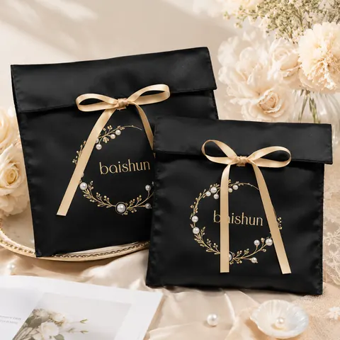 Black Satin-Look Ribbon Envelope Pouch — product gallery view