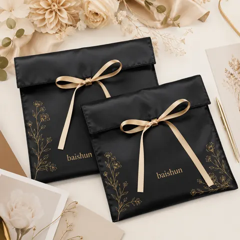 Black Satin-Look Ribbon Envelope Pouch — product gallery view