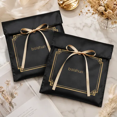 Black Satin-Look Ribbon Envelope Pouch — product gallery view