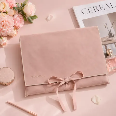 Pink Velvet-Look Ribbon Envelope Pouch — product gallery view