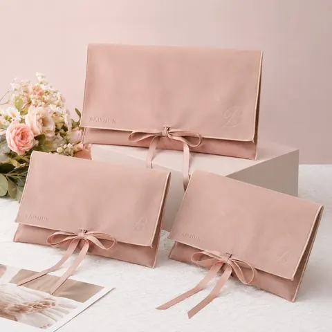 Pink Velvet-Look Ribbon Envelope Pouch — product gallery view