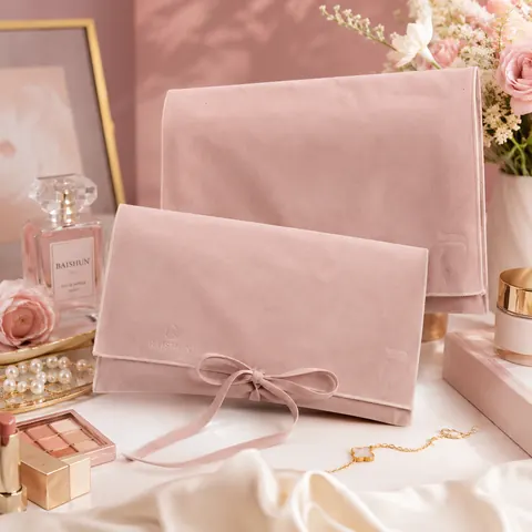 Pink Velvet-Look Ribbon Envelope Pouch — product gallery view