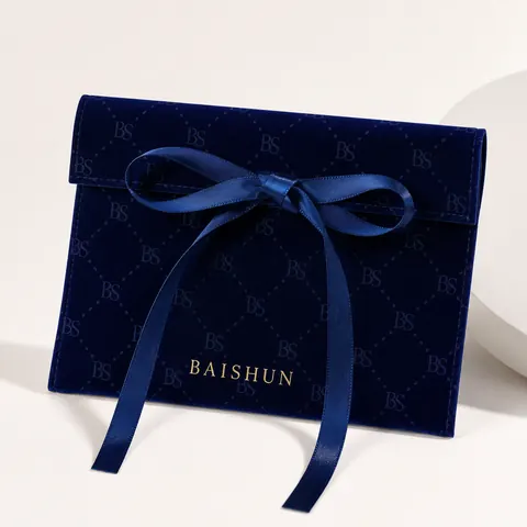 Blue Velvet-Look Ribbon Jewelry Envelope Pouch
