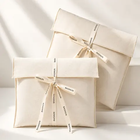 Natural Fabric Cord-Ribbon Envelope Pouch