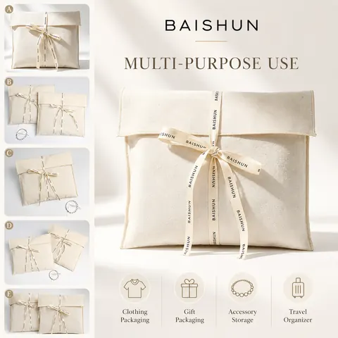 Natural Fabric Cord-Ribbon Envelope Pouch — product gallery view