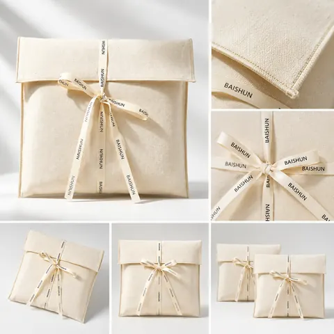 Natural Fabric Cord-Ribbon Envelope Pouch — product gallery view