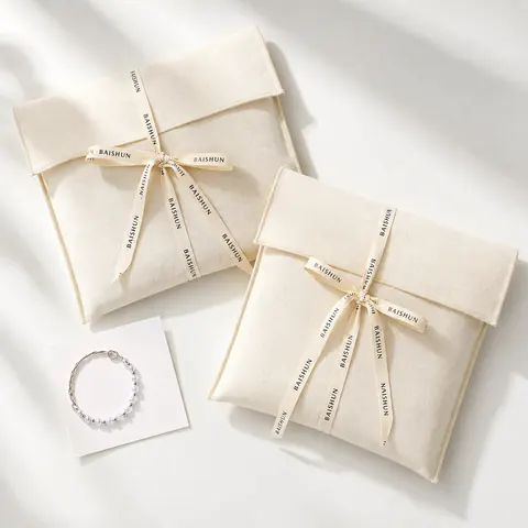 Natural Fabric Cord-Ribbon Envelope Pouch — product gallery view