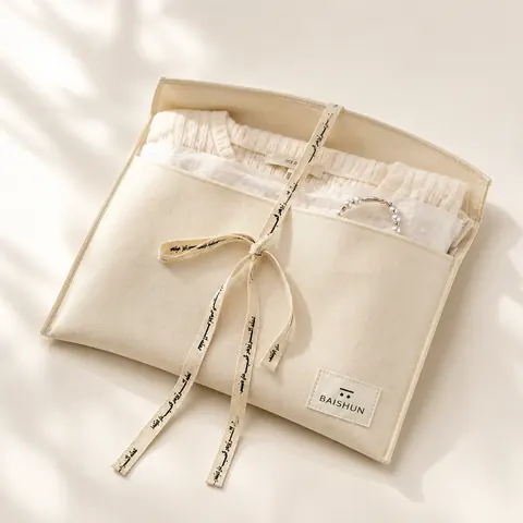 Natural Fabric Cord-Ribbon Envelope Pouch — product gallery view