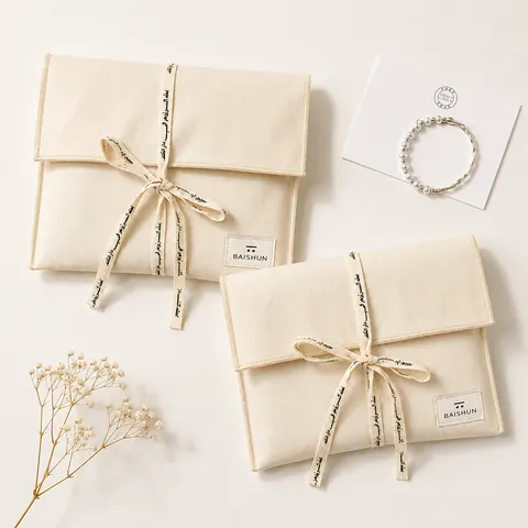 Natural Fabric Cord-Ribbon Envelope Pouch — product gallery view