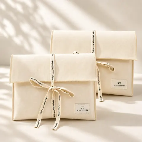 Natural Fabric Cord-Ribbon Envelope Pouch — product gallery view