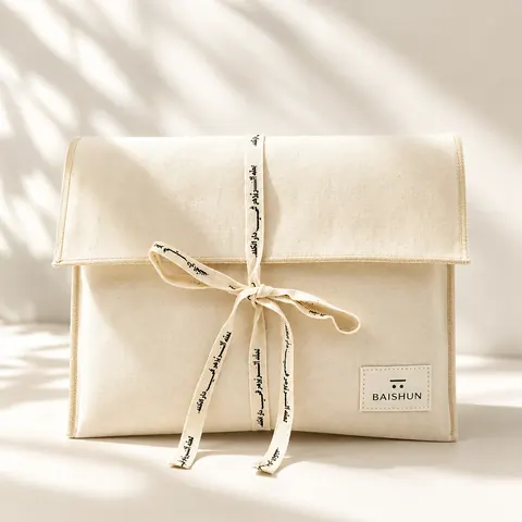 Natural Fabric Cord-Ribbon Envelope Pouch — product gallery view