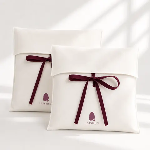 White Fabric Colored-Ribbon Envelope Pouch