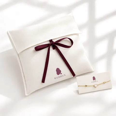 White Fabric Colored-Ribbon Envelope Pouch — product gallery view