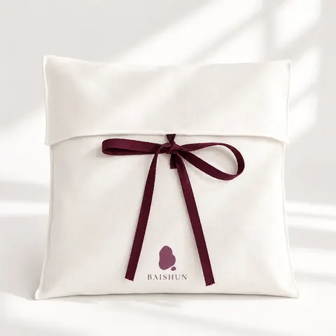 White Fabric Colored-Ribbon Envelope Pouch — product gallery view