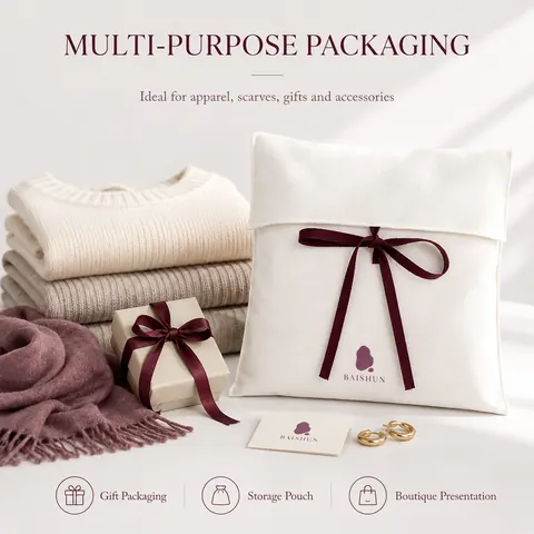 White Fabric Colored-Ribbon Envelope Pouch — product gallery view