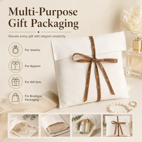 White Fabric Colored-Ribbon Envelope Pouch — product gallery view