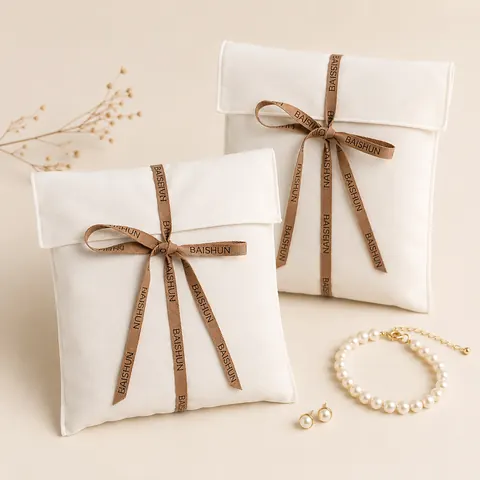 White Fabric Colored-Ribbon Envelope Pouch — product gallery view