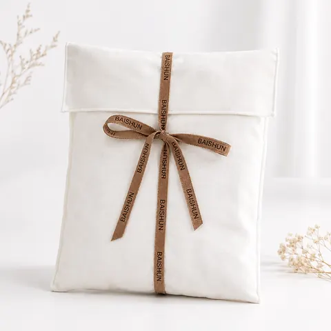 White Fabric Colored-Ribbon Envelope Pouch — product gallery view