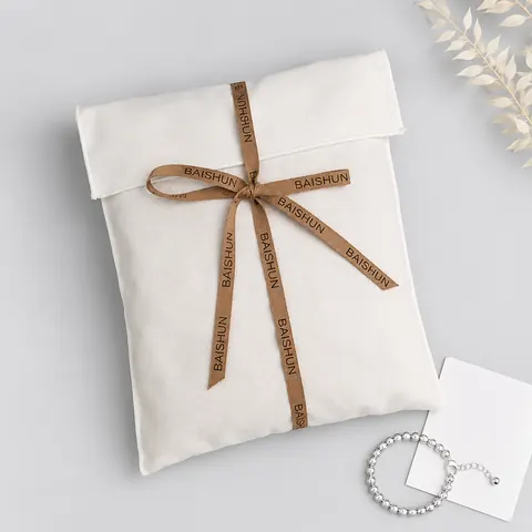 White Fabric Colored-Ribbon Envelope Pouch — product gallery view