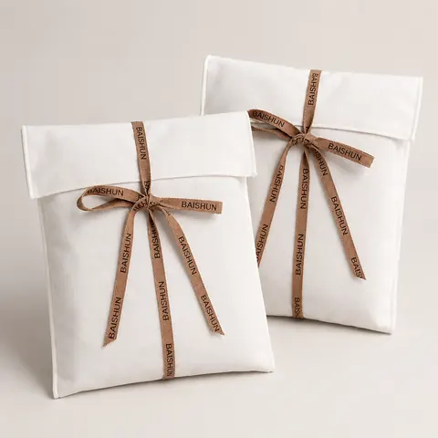 White Fabric Colored-Ribbon Envelope Pouch — product gallery view