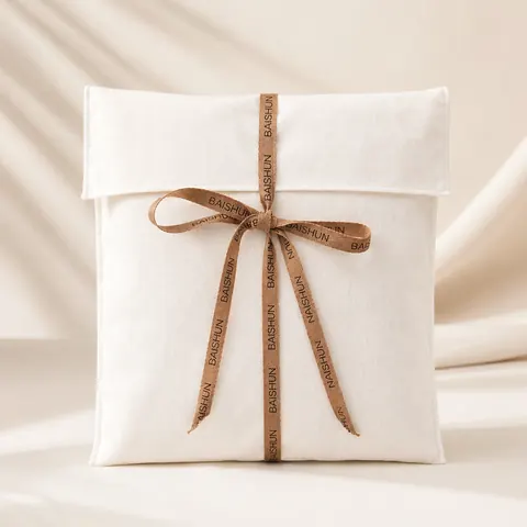 White Fabric Colored-Ribbon Envelope Pouch — product gallery view