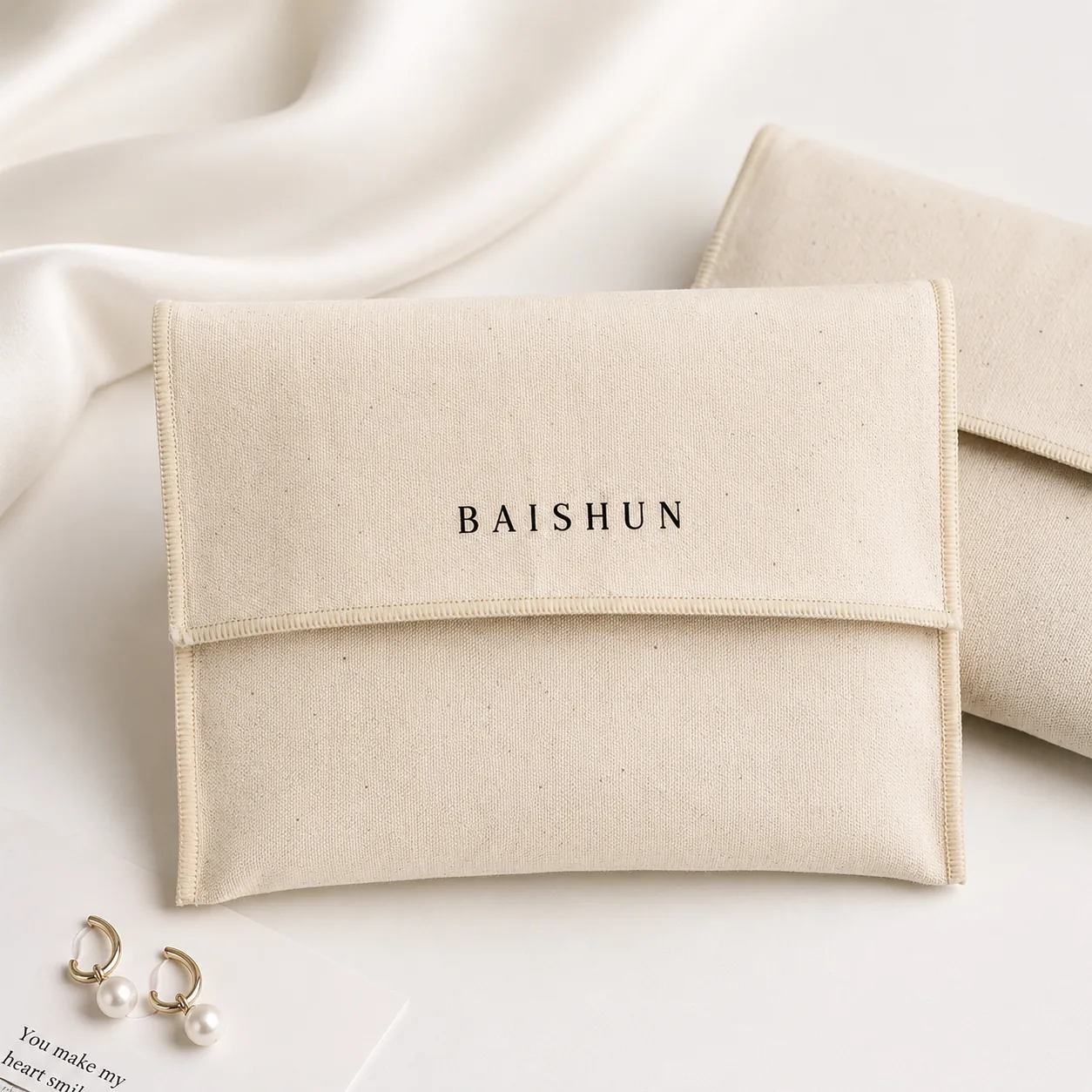 Beige Fabric Fold-Over Envelope Pouch — main product view