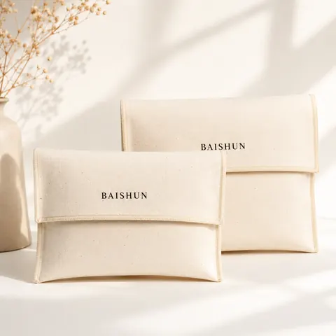 Beige Fabric Fold-Over Envelope Pouch — product gallery view