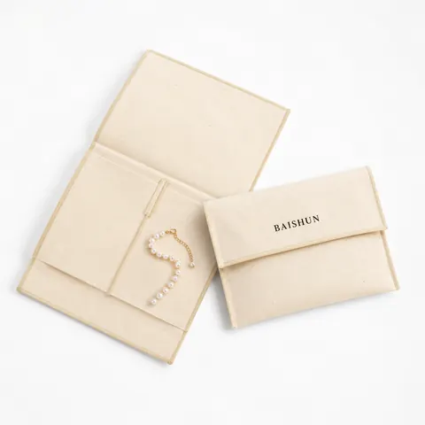 Beige Fabric Fold-Over Envelope Pouch — product gallery view